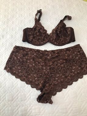 Cacique Brown Lace Plunge Unlined Bra & Lace Boyshorts Set Size 42C 22/24